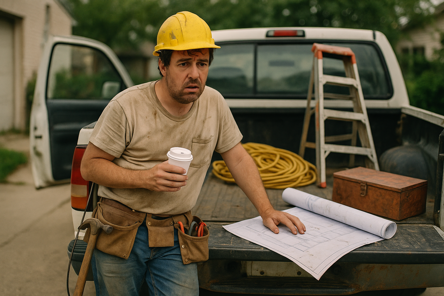 Chuck-in-a-truck contractor, working out of his truck, drinking a cup of coffee and looking unorganized.