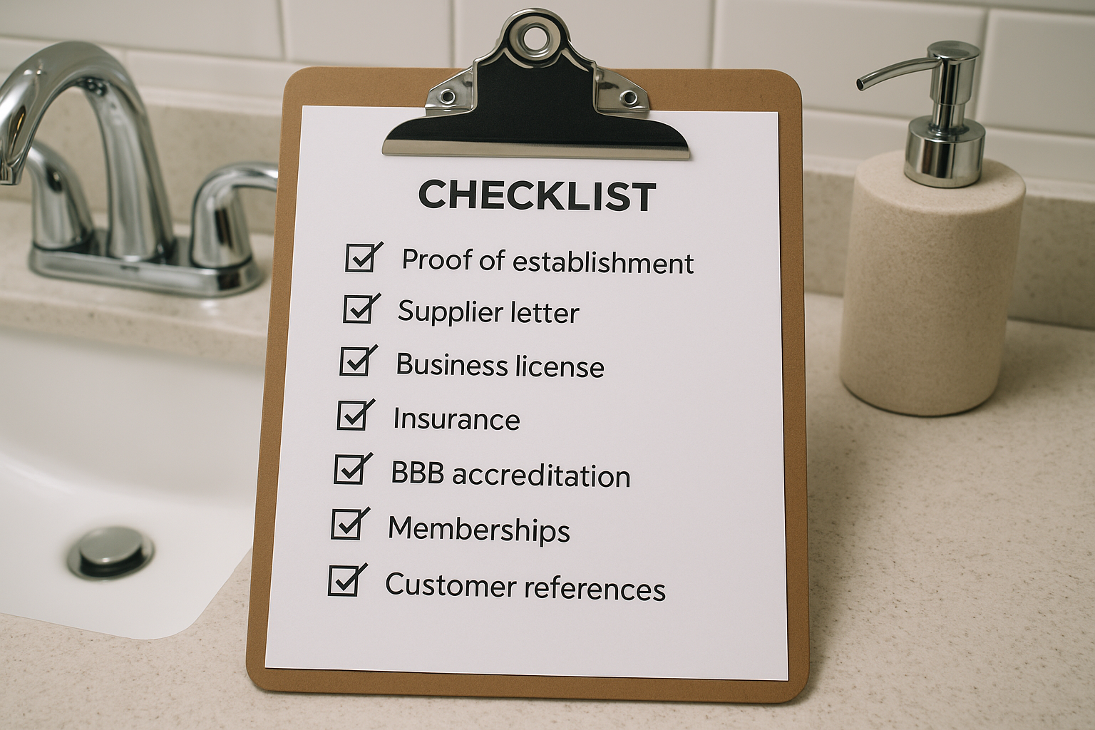 Bathroom remodel contractor checklist on clipboard with proof of license, insurance, and references in Denver, Colorado
