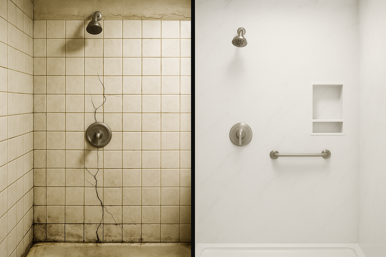 Side-by-side image of an aged tile shower with cracks vs. a crack-resistant solid shower wall surface