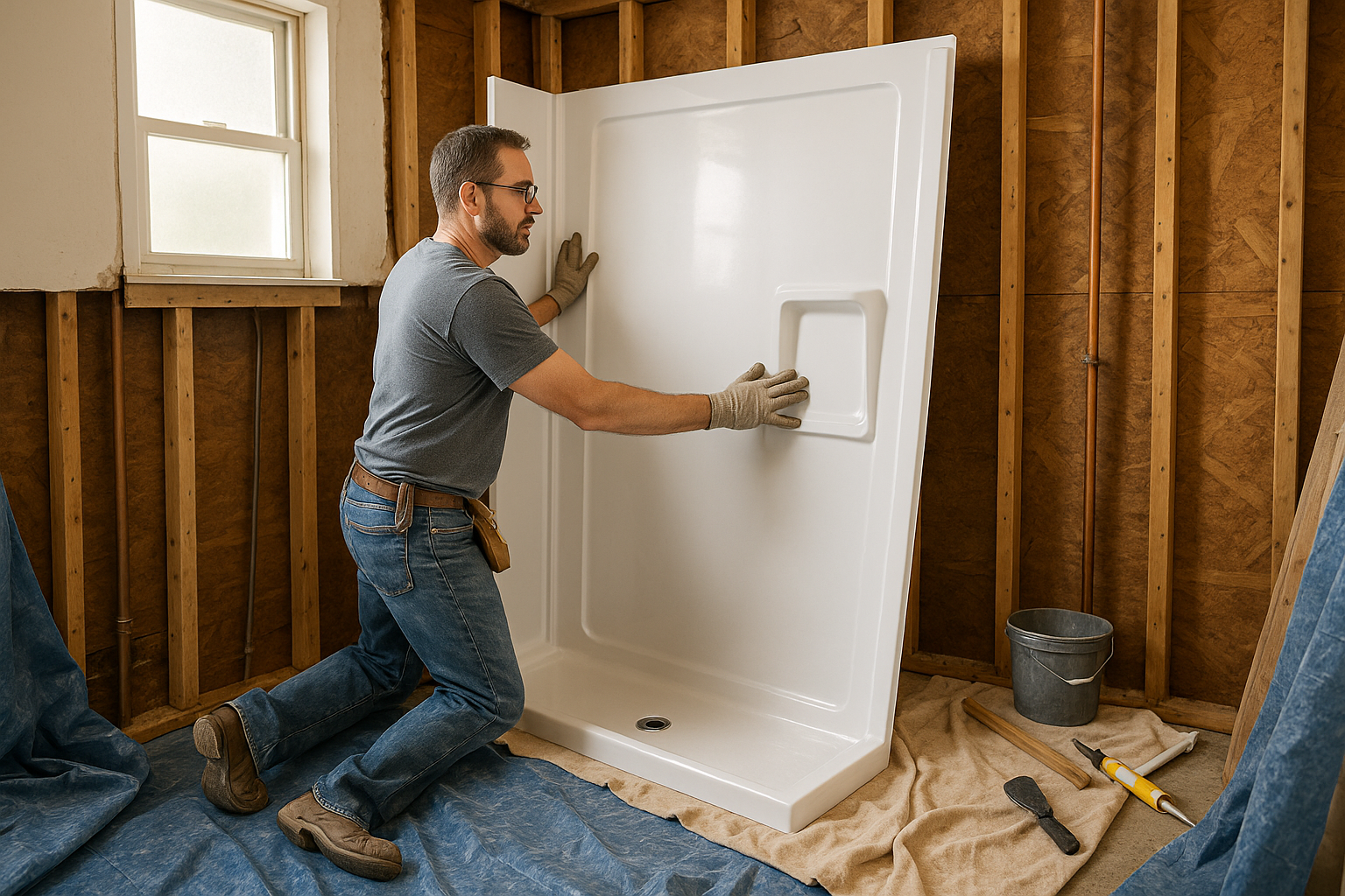 Homeowner installing a new shower wall panel during a DIY bathroom remodel in Colorado