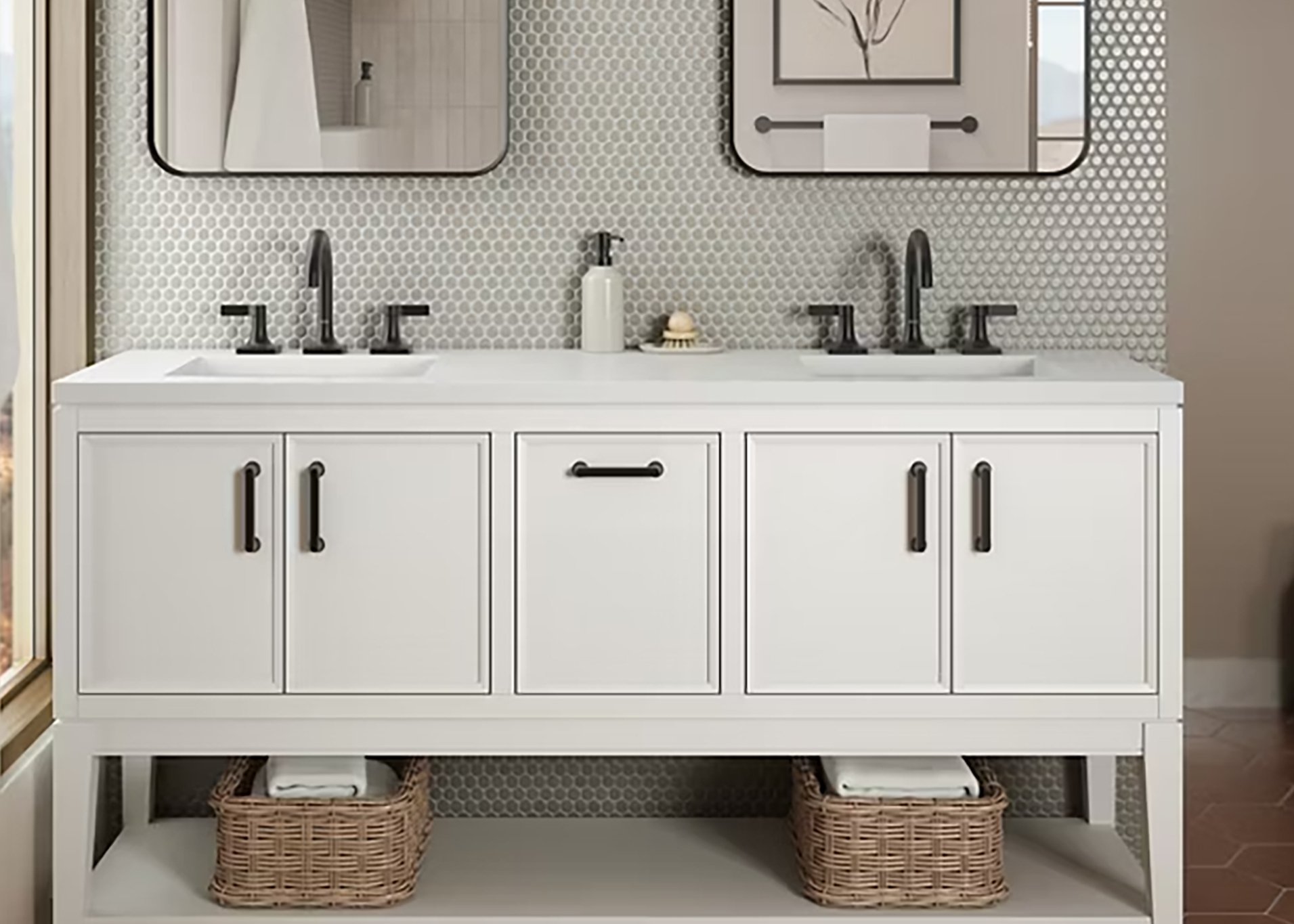 Modern white double-sink bathroom vanity with matte black faucets and storage baskets in Denver, Colorado remodel
