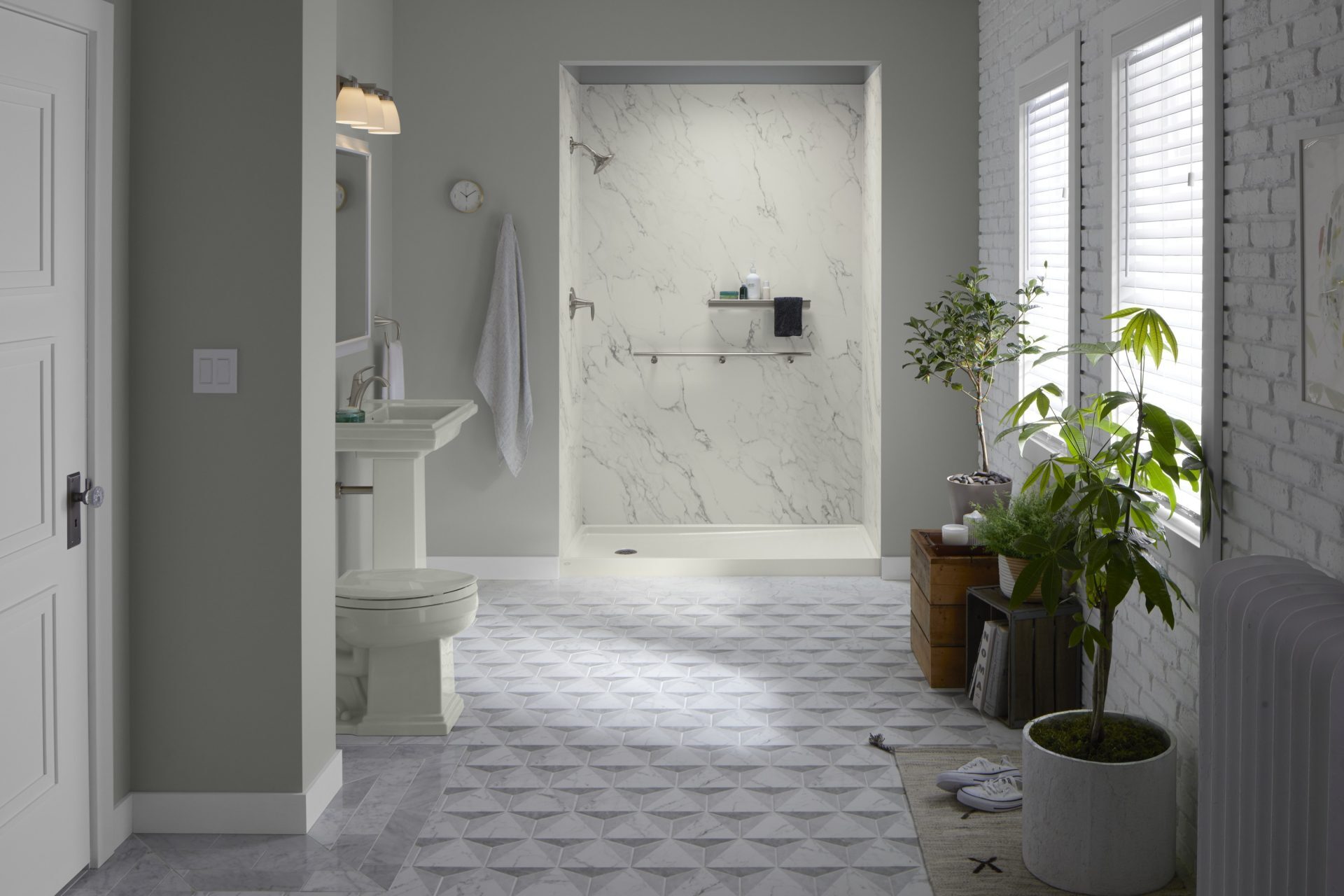 KOHLER LuxStone walk-in shower with marble-look walls in modern Denver bathroom remodel