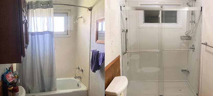 Before and after tub-to-shower conversion in Colorado home – outdated bathtub with curtain replaced by modern walk-in shower with glass doors and upgraded fixtures.