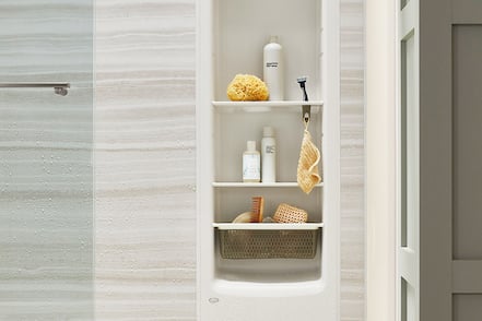 KOHLER LuxStone shower locker with built-in shelving and storage in Denver, Colorado remodel